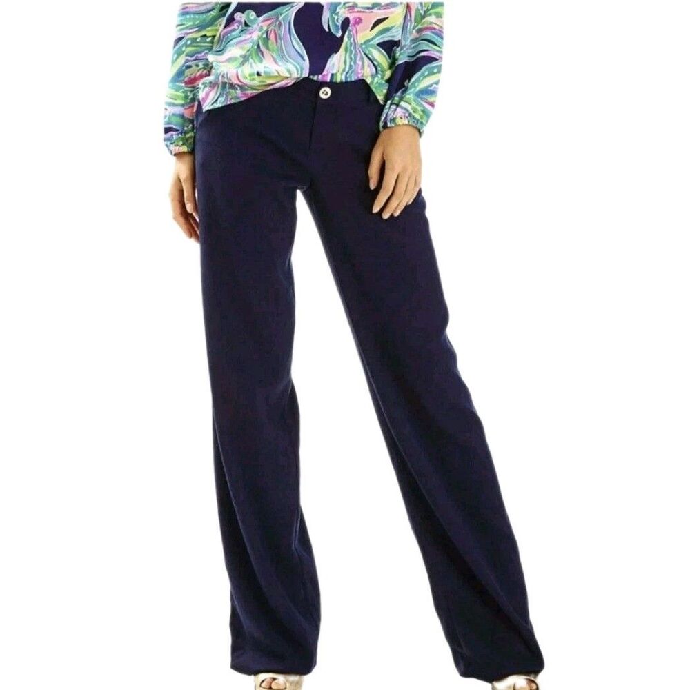 Lilly Pulitzer Navy Blue Pull On Dress Pants Straight Leg Womens Size 10 HEMMED